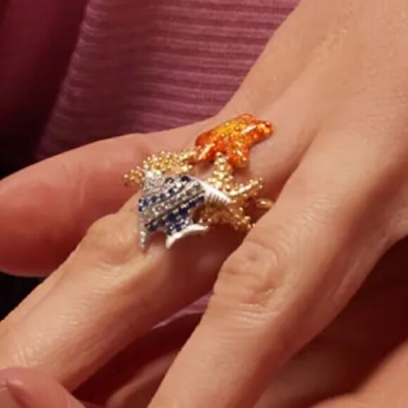 Misis Isla de Mujeres Fish & Starfish Rhinestone Gold Ring. Adjustable. NWT - Picture 2 of 8